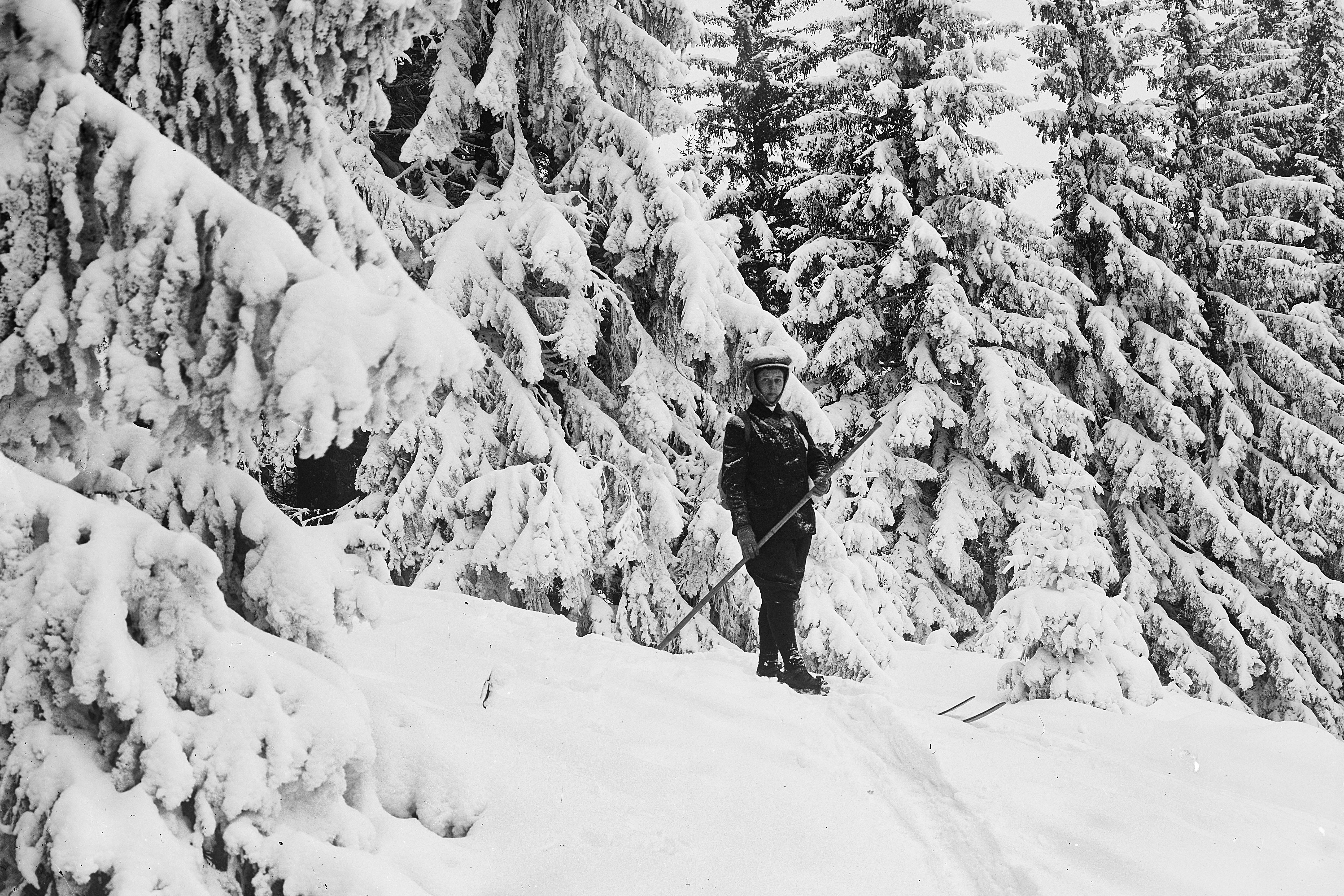 Skifahrerin mit Einstock in verschneiter Landschaft